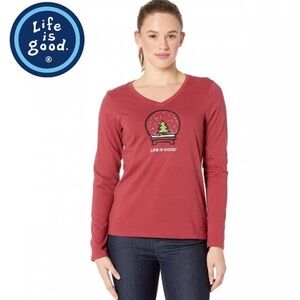 Life is Good Longsleeve Evergreen Snow-Globe Crusher V T-Shirt in Cranberry